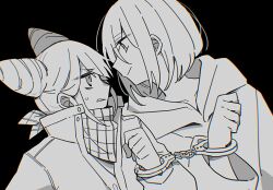 2girls black_background cetacea_kw commentary_request cone_hair_bun cuffs double_bun eye_contact face-to-face hair_between_eyes hair_bun hand_up handcuffs hood hood_down jacket kisaragi_ayumi long_sleeves looking_at_another multiple_girls profile restrained scarf short_hair simple_background smile spoilers sweatdrop tomarigi_yasumi toshi_densetsu_kaitai_center upper_body