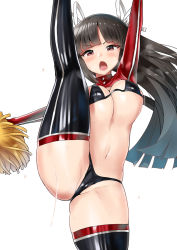 1girl bikini black_bikini black_hair black_panties black_thighhighs blunt_bangs blush bouncing_breasts breasts cameltoe cleavage commentary_request hair_ribbon hime_cut hiyou_(kancolle) kantai_collection large_breasts latex latex_bra latex_legwear latex_panties latex_top leg_lift leg_up long_hair long_sleeves looking_at_viewer micro_bikini midriff minase_(takaoka_nanase) open_mouth panties partially_visible_vulva pom_pom_(cheerleading) ribbon shiny_clothes simple_background solo split standing standing_on_one_leg standing_split sweat swimsuit thighhighs underwear white_background white_ribbon