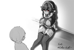 1boy 1girl age_difference artist_name breasts capelet dress_shirt eckert&amp;eich feet_out_of_frame fur-trimmed_capelet fur-trimmed_headwear fur-trimmed_legwear fur_trim garter_straps greyscale hat highres jingei_(christmas)_(kancolle) jingei_(kancolle) kantai_collection large_breasts monochrome onee-shota red_eyes santa_hat shirt skirt thighhighs twitter_username