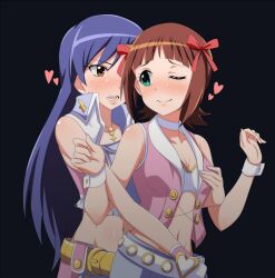 2girls amami_haruka bare_shoulders belt black_background blue_hair blunt_bangs blush bow breasts brown_eyes brown_hair closed_mouth crop_top cross cross_necklace grabbing_another&#039;s_breast green_eyes groping hair_bow hair_ornament hand_in_another&#039;s_pants heart idolmaster idolmaster_(classic) jabara_tornado jewelry kisaragi_chihaya long_hair looking_back lower_teeth_only multiple_girls multiple_hair_bows navel necklace nose_blush one_eye_closed open_mouth pants pink_vest short_hair simple_background small_breasts smile stomach teeth tongue vest yuri