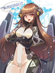 1girl :d black_sleeves blush bodysuit breasts brown_hair crossed_arms english_text groin hair_intakes headgear highres jetpack last_origin light_particles long_hair looking_at_viewer medium_breasts open_mouth pixiv_id red_eyes see-through_bodysuit see-through_clothes signature skin_tight sleipnir_(last_origin) smile solo speech_bubble splatter_background tongue twitter_username umigarasu_(kitsune1963) very_long_hair wide_hips