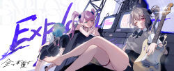 3girls absurdres artist_name bare_legs barefoot black_bow black_bowtie black_choker black_dress black_nails black_skirt blue_hair bow bowtie breasts choker closed_mouth couch crossed_bangs crossed_legs crt dress ear_piercing earrings electric_guitar fang feet feet_out_of_frame fishnet_pantyhose fishnets foot_out_of_frame from_behind grey_hair guitar guitar_case hair_ornament hair_scrunchie high-waist_skirt highres holding instrument instrument_case jewelry leaning_forward legs lens_flare long_hair medium_breasts miniskirt mole mole_on_thigh multiple_girls nail_polish on_couch one_eye_closed original pantyhose piercing pink_hair pointy_ears rosem_lin school_uniform scrunchie shirt short_eyebrows short_sleeves side_ponytail side_slit signature sitting skin_fang skirt thigh_strap toenail_polish toenails toes twintails very_long_hair white_shirt x_hair_ornament