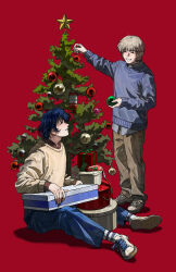 Rule 34 | 2boys, ^ ^, absurdres, arm up, between legs, blonde hair, blue pants, blue sweater, blush, box, box stack, brown pants, brown shirt, brown sweater, chinese commentary, christmas stocking, christmas tree, christmas tree ornament, closed eyes, commentary request, decorating christmas tree, erhuazi917, full body, gift, ginga eiyuu densetsu, green ribbon, grin, highres, holding, holding box, holding gift, holding ornament, julian mintz, layered sleeves, long sleeves, male focus, multiple boys, pants, profile, red background, ribbon, shirt, shoelaces, shoes, simple background, sitting, smile, sneakers, socks, standing, star (symbol), striped clothes, striped socks, sweater, tassel, teeth, white shoes, white socks, yang wen-li