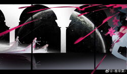 2girls absurdly_long_hair absurdres alien_stage artist_name blood blood_spray chinese_commentary closed_eyes column commentary dress flower highres juan_xin_cai lily_(flower) long_dress long_hair medium_hair mizi_(alien_stage) multiple_girls on_ground pillar pink_dress pink_flower pink_hair planet reflection star_(sky) sua_(alien_stage) very_long_hair watermark weibo_watermark