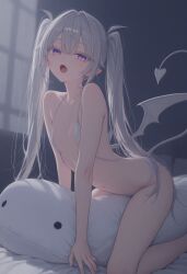 1girl absurdres demon_tail flat_chest highres indoors long_hair looking_at_viewer non-web_source open_mouth panties pointy_ears purple_eyes solo tail twintails underwear white_panties
