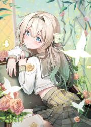Rule 34 | 1girl, absurdres, black hairband, blue pupils, blush, bug, butterfly, chiu538, closed mouth, firefly (honkai: star rail), firefly (spring missive) (honkai: star rail), gradient eyes, gradient hair, green pupils, grey hair, grey sailor collar, grey skirt, hair between eyes, hair intakes, hairband, highres, honkai: star rail, honkai (series), insect, long hair, long sleeves, looking at viewer, looking back, multicolored eyes, multicolored hair, plaid clothes, plaid skirt, pleated skirt, purple eyes, sailor collar, school uniform, serafuku, shirt, sitting, skirt, smile, solo, two-tone eyes, white shirt