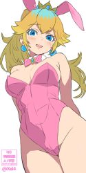 1girl animal_ears arms_behind_back bare_shoulders blonde_hair blue_eyes bluesky_username bow bowtie breasts brooch cleavage collar commentary cowboy_shot crossed_bangs crown dutch_angle ear_piercing eyebrows_hidden_by_hair fake_animal_ears from_below hair_between_eyes highleg highleg_leotard highres jewelry leotard light_blush long_hair looking_at_viewer looking_down mario_(series) medium_breasts nintendo open_mouth piercing pink_bow pink_bowtie pink_leotard playboy_bunny princess_peach rabbit_ears sideboob sidelocks simple_background solo strapless strapless_leotard symbol-only_commentary teeth thighs upper_teeth_only white_background white_collar xel4