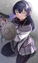 1girl akemi_homura akemi_homura_(cosplay) akemi_homura_(magical_girl) argyle_clothes argyle_pantyhose black_hairband black_pantyhose blue_hair commission cosplay floating_hair grey_skirt gun hairband handgun highres holding holding_gun holding_weapon jitome kazepana kneeling long_hair long_sleeves love_live! love_live!_school_idol_project magical_girl mahou_shoujo_madoka_magica mahou_shoujo_madoka_magica_(anime) pantyhose parted_lips pleated_skirt shield signature skeb_commission skirt solo sonoda_umi soul_gem twitter_username weapon yellow_eyes