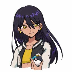 1girl blush chinese_commentary commentary_request crop_top earrings gundam gundam_gquuuuuux highres holding holding_poke_ball jacket jewelry long_hair nintendo nyaan_(gundam_gquuuuuux) poke_ball pokemon purple_hair shenghuotui_xingxing simple_background smile solo white_background yellow_eyes
