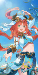 1girl absurdres arm_up blue_nails blue_skirt breasts crop_top dancer fake_horns genshin_impact green_eyes harem_outfit highres horns long_hair long_sleeves looking_at_viewer midriff moika multiple_girls navel nilou_(genshin_impact) open_mouth red_hair skirt smile solo stomach twintails very_long_hair water watermark