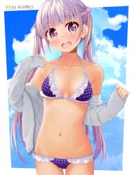 Rule 34 | 1girl, bikini, blue sky, breasts, chuutaro metal, cloud, collarbone, commentary request, cowboy shot, frilled bikini, frills, jacket, long hair, lowleg, lowleg bikini, new game!, open clothes, open jacket, open mouth, purple bikini, purple eyes, purple hair, round teeth, sky, small breasts, smile, solo, suzukaze aoba, swimsuit, teeth, thigh gap, twintails, upper teeth only, w arms, white jacket