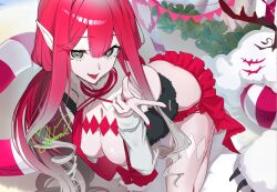 1girl baobhan_sith_(fate) baobhan_sith_(swimsuit_pretender)_(first_ascension)_(fate) breasts cernunnos_(fate) cleavage detached_collar fate/grand_order fate_(series) grey_eyes highres kneeling leaning_forward long_hair looking_at_viewer pink_hair pink_skirt pointy_ears shafurakafusha sidelocks skirt smile solo tongue tongue_out v