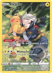 akari_(pokemon) bandana bestiality blanco026 blue_hair blue_jacket blue_pants card card_(medium) character_name closed_eyes cum english_text gen_1_pokemon grass hair_behind_ear handjob hisuian_poke_ball hug interspecies jacket jerking nintendo obi open_mouth pants parted_lips penis pikachu poke_ball pokemon pokemon_(creature) pokemon_legends:_arceus pokemon_tcg red_scarf sash scarf sleeping third-party_edit tm32_(artist) translated white_bandana