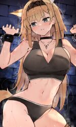 1girl animal_ears arknights black_bra black_choker black_hairband blonde_hair blue_eyes blush bra breasts brick_wall chain chained chained_wrists choker cleavage collarbone commentary_request cowboy_shot dot_nose extra_ears grey_hairband grey_panties grey_sports_bra hairband highres horn_(arknights) jewelry kyuu_(plastic_night_q) large_breasts long_hair midriff navel necklace paid_reward_available panties restrained sidelocks solo sports_bra steaming_body sweat tail underwear underwear_only wolf_ears wolf_girl wolf_tail