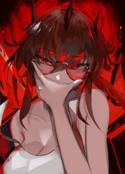 Rule 34 | 1girl, bare shoulders, breasts, cleavage, collarbone, covered mouth, covering own mouth, demon horns, glasses, hair between eyes, hand up, highres, horns, large breasts, liz (nin fake), long hair, looking at viewer, nin fake, original, red-tinted eyewear, red background, red eyes, red hair, red theme, round eyewear, solo, strap slip, sunglasses, tank top, tinted eyewear, upper body, white tank top