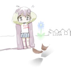 1girl 49_male absurdly_long_hair afterimage ahoge black_eyes blue_flower blue_skirt blush broken clumsy collared_shirt commentary_request english_text floating floating_object flower flower_pot full_body green_sleeves hands_on_own_head horizon house long_hair long_sleeves looking_at_object no_sclera open_mouth original pink_shoes pleated_skirt print_shirt purple_hair raglan_sleeves shirt shoes skirt solo standing text_print very_long_hair white_background white_shirt