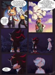 1boy 4girls animal_ears bell black_pants blue_eyes blue_hair blue_sclera colored_sclera commentary copium_v dress english_commentary english_text fang fingerless_gloves furry furry_female furry_male gloves green_pants hair_over_one_eye hedgehog_boy highres lanolin_the_sheep lemur_girl lemur_tail mask mask_on_head multiple_girls neck_bell night night_sky orange_gloves pants red_eyes sage_(sonic) shadow_the_hedgehog sheep_ears sheep_girl short_hair signature sky sonic_(series) speech_bubble standing tangle_the_lemur tree whisper_the_wolf white_dress white_gloves white_hair wolf_ears wolf_girl