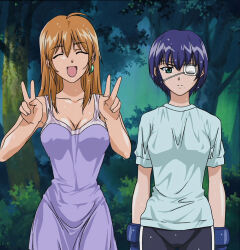 00s 2girls anime_screenshot blue_hair breasts cleavage dress green_eyes highres ikkitousen long_hair mole mole_under_mouth multiple_girls open_mouth orange_hair ryomou_shimei shirt smile sonsaku_hakufu stitched third-party_edit wet wet_clothes wet_dress wet_hair wet_shirt