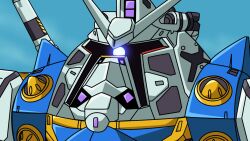 Rule 34 | glowing, glowing eyes, gundam, gundam gquuuuuux, highres, mecha, mecha focus, mobile suit, no humans, one-eyed, parody, purple eyes, reprilo channel, robot, science fiction, v-fin, white gundam, zeon, zock, zooming in