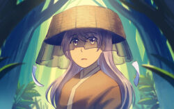 1other ajirogasa black_veil brown_hat brown_kimono commentary day english_commentary forest grass hat japanese_clothes kimono len&#039;en light_blush long_hair long_sleeves looking_at_viewer nature other_focus outdoors plant purple_hair see-through_clothes see-through_veil shirami_souko solo upper_body veil white_eyes yamanoskk