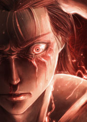 1boy absurdres angry black_hair blood blood_on_face bloodshot_eyes brown_hair close-up closed_mouth electricity eren_yeager eyelashes facial_mark facial_scar hair_pulled_back hair_slicked_back highres lightning long_hair male_focus muscular nosebleed portrait realistic red_eyes red_theme scar scar_across_eye scar_on_cheek scar_on_face serious shingeki_no_kyojin signature solo sucubuss_art titan_shifter_scars topless_male veins
