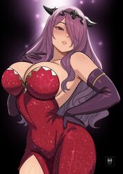Rule 34 | 1girl, alternate costume, armpit crease, backless dress, backless outfit, breasts, camilla (fire emblem), cleavage, cosplay, dress, elbow gloves, fake horns, fire emblem, fire emblem fates, gloves, hair over one eye, hand on own hip, highres, horns, ihsnet, jessica rabbit, jessica rabbit (cosplay), large breasts, long hair, looking at viewer, nintendo, parted lips, purple eyes, purple gloves, purple hair, red dress, solo, strapless, strapless dress, teeth, tiara, watermark, who framed roger rabbit