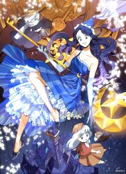 Rule 34 | 2girls, :d, alternate skin color, artist name, bare shoulders, black cloak, blue eyes, book, breasts, brown dress, brown hat, chibi, chimney, cleavage, cloak, closed mouth, collarbone, commentary, cookie run, cookie run: ovenbreak, cream puff cookie, creature, dress, elbow gloves, full body, gloves, hashtag-only commentary, hat, highres, holding, house, humanization, imam (oozlo), key, korean commentary, lips, magical girl, moonlight cookie, multiple girls, open mouth, owlcorn, pentagram, pointy footwear, scarf, smile, staff, twitter username, white gloves, white hair, white scarf, wide sleeves, wizard, wizard cookie, wizard hat