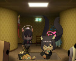 6+girls animal_ear_fluff animal_ear_headwear animal_ears backrooms_(creepypasta) bag_over_head black_hair black_hat black_pantyhose black_shoes black_skirt blue_archive blue_eyes blue_haori blue_jacket blue_necktie blush cat_ears cat_girl chasing closed_eyes colored_inner_animal_ears colored_inner_hair drop_trap fake_animal_ears falling fang faust_(blue_archive) flower from_side green_sailor_collar grin hair_between_eyes hair_flower hair_ornament haori hat hifumi_(blue_archive) highres jacket japanese_clothes kayoko_(blue_archive) kazusa_(blue_archive) kikyou_(blue_archive) long_hair mari_(blue_archive) monster multicolored_hair multiple_girls necktie no_eyes open_mouth orange_hair pantyhose peroro_(blue_archive) pink_eyes pink_ribbon ribbon sabnak66 sailor_collar serika_(blue_archive) shaded_face shirt shoes sidelocks skirt smile socks sweatdrop twintails two-tone_hair white_flower white_shirt white_shoes white_skirt white_socks