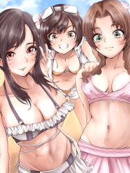 Rule 34 | abs, aerith gainsborough, aerith gainsborough (pink mermaid), bikini, bikini skirt, black hair, breasts, brown hair, final fantasy, final fantasy vii, final fantasy vii ever crisis, final fantasy vii rebirth, final fantasy vii remake, flower, frilled bikini, frills, hair flower, hair ornament, highres, huge breasts, medium breasts, official alternate costume, orange bikini, pink bikini, ribaton1213, smile, swimsuit, tifa lockhart, tifa lockhart (shining spirit), toned, toned female, white bikini, yuffie kisaragi, yuffie kisaragi (summer moogle)