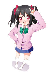 1girl :d \m/ arm_up black_hair blush bow bowtie cardigan collared_shirt commentary_request full_body green_bow green_bowtie hand_on_own_hip haru_(konomi_150) highres long_sleeves looking_at_viewer love_live! love_live!_school_idol_project miniskirt open_mouth otonokizaka_school_uniform pink_cardigan pink_skirt red_eyes shirt short_hair sidelocks simple_background skirt smile socks solo standing twintails white_background white_shirt white_socks yazawa_nico