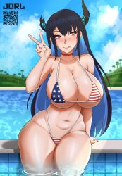 1girl american_flag american_flag_bikini american_flag_print areola_slip arm_at_side artist_name bikini black_hair blue_hair blue_nails blue_sky blush breasts broken_horn cameltoe choker closed_mouth cloud collarbone colored_inner_hair covered_erect_nipples cowboy_shot day eyelashes female_focus fingernails flag_print flag_print_bikini hand_up hololive hololive_english horns huge_breasts jorl licking_lips long_fingernails long_hair looking_at_viewer mole mole_on_breast mole_on_crotch mole_under_eye multicolored_hair nail_polish naughty_face navel nerissa_ravencroft outdoors pool print_bikini qr_code red_choker red_eyes sitting sky smile solo swimsuit tongue tongue_out two-tone_hair v variant_set virtual_youtuber wide_hips