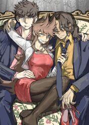 1girl 2boys absurdres alternate_costume antenna_hair black_pantyhose blue_jacket blue_necktie blue_pants breasts brown_hair chinese_commentary cigarette closed_mouth collared_shirt commentary_request couch cropped_jacket curtained_hair dress eddsworld eyes_visible_through_hair facial_hair feet_out_of_frame fingernails grey_background grey_eyes grin hair_behind_ear hair_horns hair_over_shoulder hand_on_another&#039;s_waist high_heels highres holding holding_necktie holding_shoes holding_unworn_clothes indoors jacket kuangzihaixing layered_sleeves long_hair long_sleeves looking_at_viewer looking_to_the_side low_ponytail medium_hair mouth_hold multiple_boys nail_polish necktie no_shoes on_couch open_clothes open_jacket pants pantyhose patryck_(eddsworld) paul_(eddsworld) pink_shirt ponytail red_dress red_nails red_shoes scar scar_across_eye scar_on_face shirt shoes short_dress short_hair simple_background sitting sleeveless sleeveless_dress small_breasts smile striped_background swept_bangs thick_eyebrows tord_(eddsworld) tori_(eddsworld) unworn_shoes very_long_hair very_short_hair white_jacket yellow_shirt yokozuwari