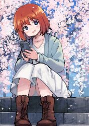 1girl akatsuki_miho akemiho_tabi_nikki blue_cardigan blue_eyes bob_cut boots brown_boots cardigan cherry_blossoms collarbone commentary_request highres holding holding_phone kouno_hikaru long_skirt looking_at_viewer nude open_mouth panties pantyshot phone red_hair shirt short_hair sitting sitting_on_stairs skirt solo stairs underwear white_panties white_shirt white_skirt