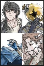 Rule 34 | 1girl, 3boys, a knight (reverse:1999), blue cape, braces, brown hair, cape, docabo11, english text, enigma (reverse:1999), looking down, looking up, multiple boys, reverse:1999, sketch, tooth fairy (reverse:1999), ulrich (reverse:1999), white background