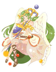 1girl cha_bakashi chain circlet full_body gold_chain green_eyes green_hair high_heels highres jewelry kid_icarus kid_icarus_uprising nintendo palutena pendant shield single_thighhigh solo thighhighs vambraces white_wings wings
