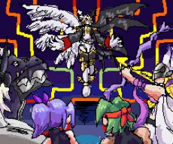 angewomon armor belt blackmegalogrowmon blonde_hair cyborg digimon digimon_(creature) digimon_story:_sunburst_and_moonlight feathers glare_(digimon) green_hair julia_(digimon) looking_at_another lucemon_falldown_mode plasmi purple_hair ribbon white_hair wings