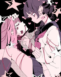 1girl arkestar black_background braid brown_hair closed_eyes closed_mouth head_tilt highres horror_(theme) looking_at_another needle needle_threader open_mouth original pink_eyes pink_hair school_uniform seams skirt soccer_uniform sportswear sweater thread twin_braids white_sweater