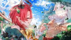 1girl bird blue_sky cat ciaccona_(wuthering_waves) closed_eyes cloud commentary_request day falling_leaves foliage frilled_wrist_cuffs frills from_side highres holding holding_microphone_stand leaf lt26 medium_hair microphone_stand off_shoulder outdoors petting pointy_ears poking_nose red_hair sky smile tree_horns tree_stump white_bird white_wrist_cuffs wrist_cuffs wuthering_waves