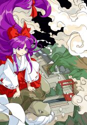 1boy 1girl bakebake_(touhou) beard black_sky bow bridge building cloud commentary facial_hair floating_hair flying genjii_(touhou) hair_bow hair_ribbon hair_tubes hakama hakurei_reimu hakurei_reimu_(pc-98) highres japanese_clothes kaigen_1025 kimono long_hair long_sleeves low-tied_long_hair miko mountain outdoors parted_bangs parted_lips purple_eyes purple_hair red_bow red_hakama red_ribbon ribbon ribbon-trimmed_sleeves ribbon_trim riding shide sidelocks sitting sky torii touhou touhou_(pc-98) turtle very_long_hair white_kimono xiangyun wide_sleeves