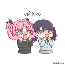 Rule 34 | 2girls, @ @, aoi nadeshiko, berude, black jacket, black skirt, blazer, commentary request, cropped torso, dress shirt, fukumaru koito, gakuen idolmaster, gokugetsu academy school uniform, grey jacket, grey skirt, holding, holding own hair, idolmaster, idolmaster shiny colors, in-franchise crossover, jacket, multiple girls, school uniform, shirt, simple background, skirt, tears, turn pale, twintails, twitter username, white background, white shirt