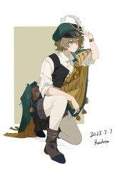 1girl absurdres ankle_boots arm_on_knee black_shorts black_vest boots border bracelet brown_boots brown_hair cape character_name closed_mouth dated full_body green_background green_cape green_eyes green_hat hair_between_eyes hand_on_headwear hat hat_feather highres jewelry newsboy_cap on_one_knee open_clothes open_vest outside_border pantyhose photo-referenced recoleta_(reverse:1999) reverse:1999 shirt short_hair shorts smile solo vest white_border white_pantyhose white_shirt zhanling_zhouliu