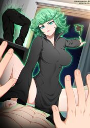 2boys 2girls abs alternate_breast_size artist_name black_dress black_pants breasts completely_nude covered_navel dress flipped_hair fubuki_(one-punch_man) green_eyes green_hair large_breasts looking_at_viewer multiple_boys multiple_girls neocoill nude one-punch_man pants pov shiny_skin shoes sitting sitting_on_person tatsumaki teeth throwing