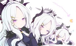 1girl absurdres ahoge black_halo blue_archive blush breasts demon_girl demon_horns halo highres hina_(blue_archive) horns long_hair looking_at_viewer purple_eyes sakurano_rocco sleeping small_breasts white_hair