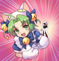 1girl ahoge animal_hat bell blue_bow bow cat_hat crossover curtained_hair dejiko di_gi_charat emphasis_lines green_eyes hair_bell hair_ornament hat holding inset jingle_bell mikmix mittens open_mouth puffy_short_sleeves puffy_sleeves ringed_eyes short_hair short_sleeves sparkle the_king_of_fighters white_mittens yagami_iori