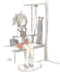 1girl arrow_(projectile) bow_(weapon) brown_gloves character_name commentary_request dated gloves grey_eyes grey_hair hakama hakama_shorts headband holding holding_arrow japanese_clothes kantai_collection kawashina_(momen_silicon) muneate partially_fingerless_gloves partly_fingerless_gloves ponytail quiver red_hakama shorts signature single_glove sitting solo weapon wide_sleeves yugake zuihou_(kancolle)