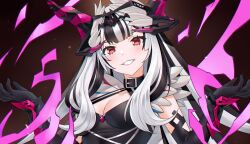 1girl absurdres black_gloves black_hair choker commission commissioner_upload dark_persona dragon_horns fake_horns fire_emblem fire_emblem_engage fire_emblem_heroes gloves grey_hair hair_ornament highres horns igni_tion long_hair looking_at_viewer multicolored_hair nintendo non-web_source official_alternate_costume official_alternate_eye_color red_eyes smile solo two-tone_hair very_long_hair veyle_(fell_successor)_(fire_emblem) veyle_(fire_emblem) wing_hair_ornament