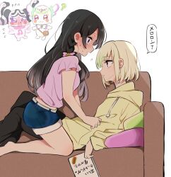 2girls black_hair black_pants blue_shorts blush book commentary couch cushion drawstring ear_blush full-face_blush holding holding_book hood hoodie kimi_to_idol_precure long_sleeves meroron_(precure) multiple_girls on_couch pants parted_lips precure purirun_(precure) purple_eyes purple_shirt red_eyes shirt short_hair short_sleeves shorts speech_bubble straddling translation_request warashi67 white_hair yellow_hoodie yuri