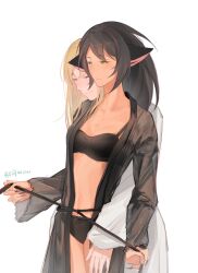2girls adora_(she-ra) animal_ears black_bra black_hair black_panties black_robe blonde_hair bra cat_ears cat_girl catra closed_eyes heterochromia highres hug hug_from_behind masters_of_the_universe multiple_girls navel open_clothes open_robe panties robe she-ra_and_the_princesses_of_power simple_background stomach strap_slip thighs underwear white_robe youliqy yuri