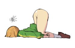 1girl ass bottomless dizzy from_side orange_hair persona persona_4 plow_(witch_parfait) satonaka_chie socks thighs top-down_bottom-up white_background