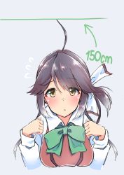 1girl absurdres ahoge breasts commentary_request flying_sweatdrops hair_ribbon hayanami_(kancolle) highres kantai_collection komb long_sleeves medium_breasts ponytail ribbon school_uniform short_hair sidelocks solo upper_body white_ribbon yellow_eyes